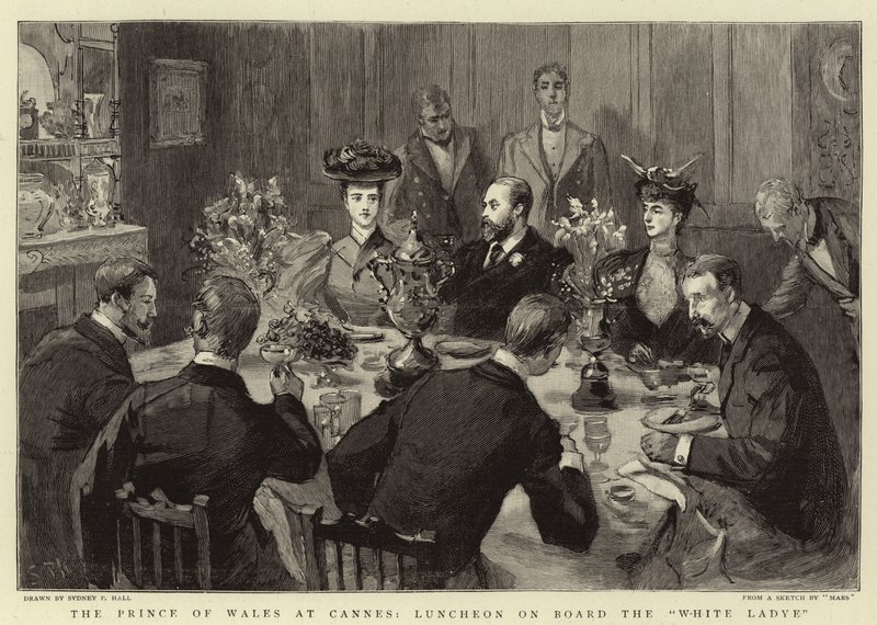 A walesi herceg Cannes-ban, ebéd a White Ladye fedélzetén alkotó: Sydney Prior Hall