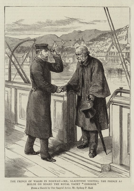 A walesi herceg Norvégiában, Mr Gladstone meglátogatja a herceget Moldében az Osborne Royal Yacht fedélzetén alkotó: Sydney Prior Hall