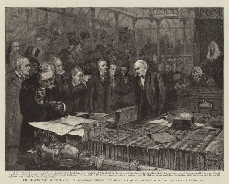 A Parlament újragyűlése, Gladstone úr belépett a Házba Fowler úr beszéde közben a plébániai tanácsokról szóló törvényjavaslatról alkotó: Sydney Prior Hall