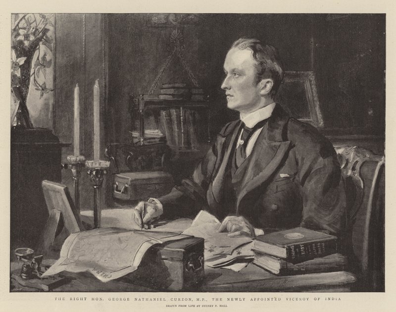 George Nathaniel Curzon parlamenti képviselő, India újonnan kinevezett alkirálya alkotó: Sydney Prior Hall