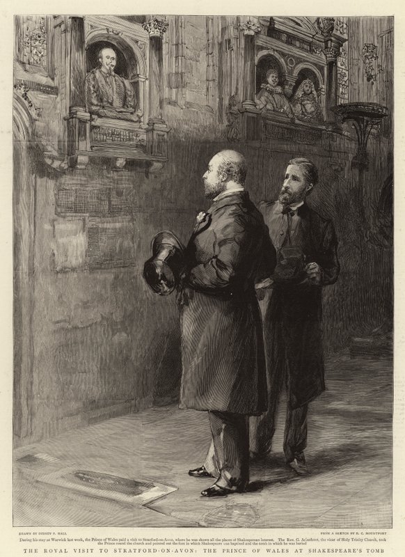 Királyi látogatás Stratford-on-Avonban, a walesi hercegben Shakespeare sírjánál alkotó: Sydney Prior Hall
