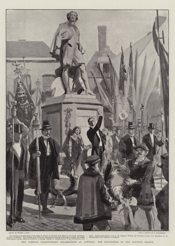 Az antwerpeni Vandyck-tercentenáriumi ünnepségek, a mester szobrának díszítése alkotó: Sydney Prior Hall