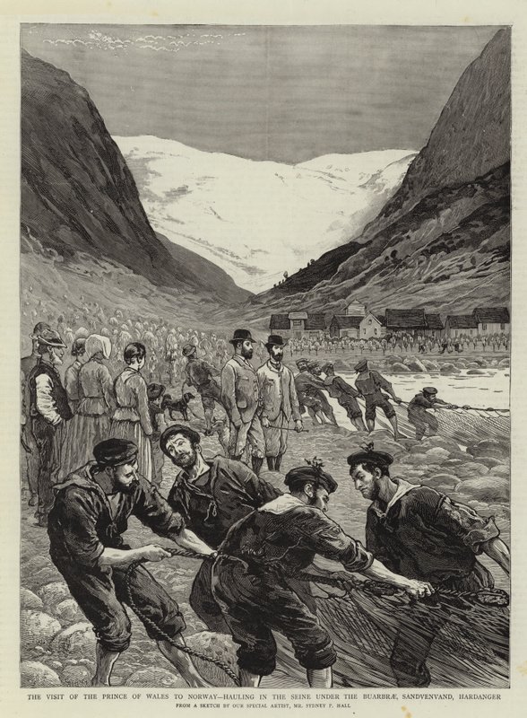 A walesi herceg látogatása Norvégiában, a Szajnán a Buarbrae, Sandvenvand, Hardanger alatt húzva alkotó: Sydney Prior Hall
