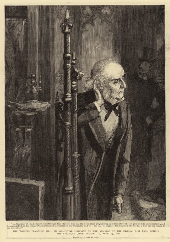 A nők választójogáról szóló törvényjavaslat, Gladstone úr a házelnöki szék mögül hallgatja az osztályválasztási lista számait, 1892. április 27., szerda, 1892. április 27. alkotó: Sydney Prior Hall