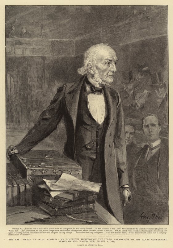 Az utolsó beszéd miniszterelnökként, Gladstone úr a helyi önkormányzati törvényjavaslathoz (Anglia és Wales) szóló Lordok módosításairól beszélt, 1894. március 1. alkotó: Sydney Prior Hall