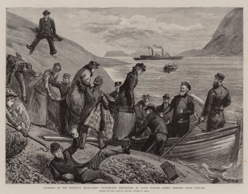 Turisták a Nyugati-fennsíkon, utasok a Loch Coruisk meglátogatása után a Loch Scavaignél szállnak be a hajóba. alkotó: Sydney Prior Hall