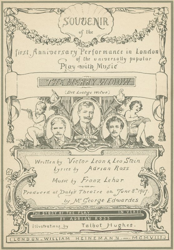 A víg özvegy első londoni jubileumi előadásának szuvenírjének címlapja (színes litó) alkotó: Talbot Hughes