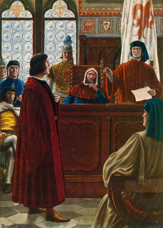 Cosimo dei Medicit 1433-ban hívták a Signoria elé, hogy megvédje magát ellenségei ellen alkotó: Tancredi Scarpelli