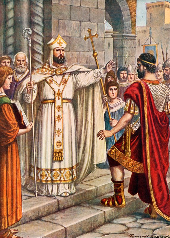 Theodosius császárt Szent Ambrus megtiltotta, hogy belépjen a milánói katedrálisba alkotó: Tancredi Scarpelli