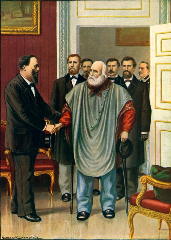 Garibaldi meglátogatja Vittorio Emanuelét Rómában. Az utolsó beszélgetés a Risorgimento két szerzője között alkotó: Tancredi Scarpelli