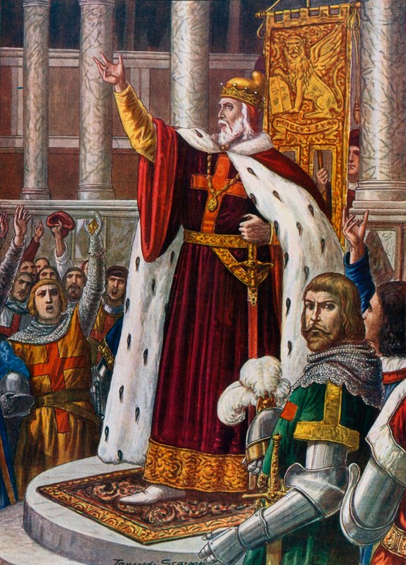 A velencei dózse San Marcóban, embereket és katonákat hív a keresztes hadjáratra, 1095. alkotó: Tancredi Scarpelli