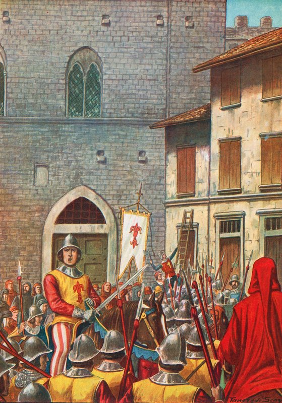Corso Donati házát megtámadják a firenzeiek, miután lázadóként és árulóként elítélik. alkotó: Tancredi Scarpelli