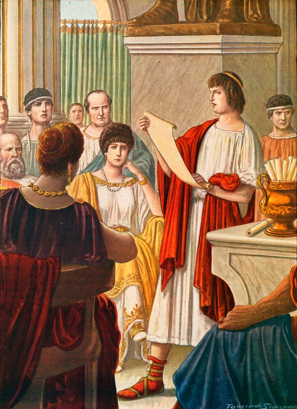Vergilius felolvassa Augustusnak írt verseit Octavia jelenléte mellett alkotó: Tancredi Scarpelli