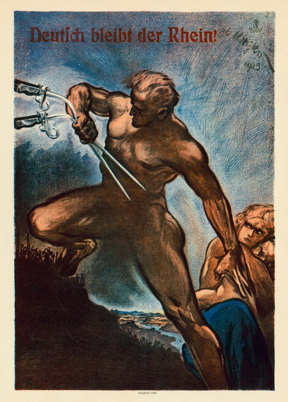 A Rajna német marad! Propaganda plakát, amely ellenzi Nyugat-Németország egyes részeinek szövetséges megszállását az első világháború után alkotó: Theo Matejko