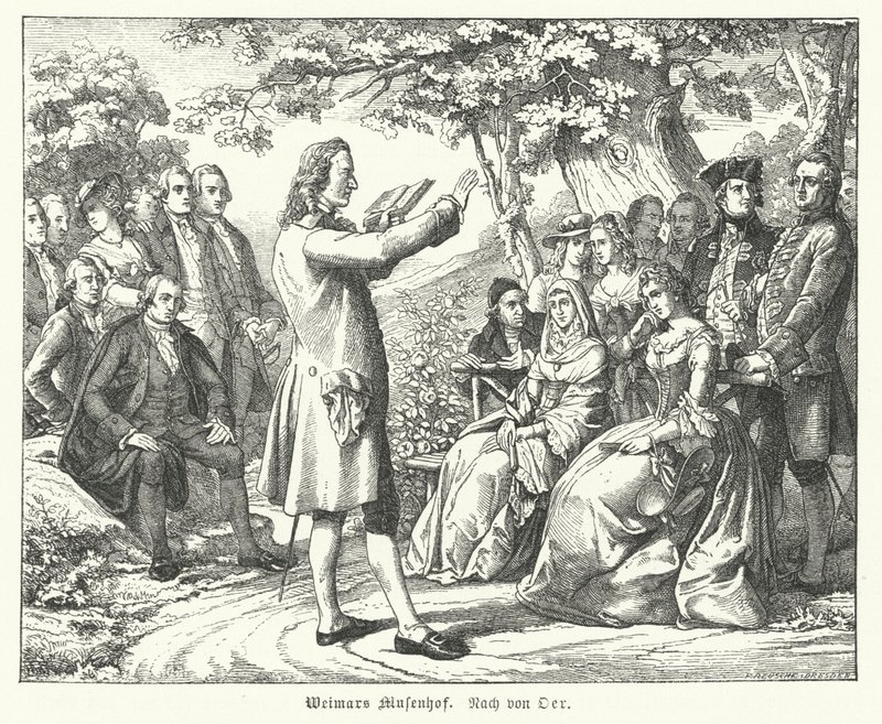 A weimari múzsák udvara: Friedrich Schiller német költő és drámaíró olvas a Tiefurti kastélyban, a hallgatók között Christoph Martin Wieland, Johann Wolfgang Goethe és Johann Gottfried Herder (metszet) alkotó: Theobald Reinhold von Oer