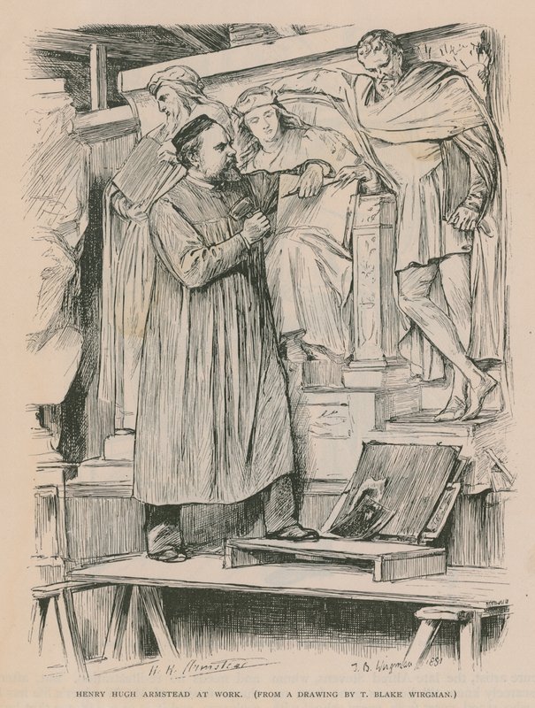 Henry Hugh Armstead az Albert-emlékműnél dolgozik (metszet) alkotó: Theodore Blake Wirgman