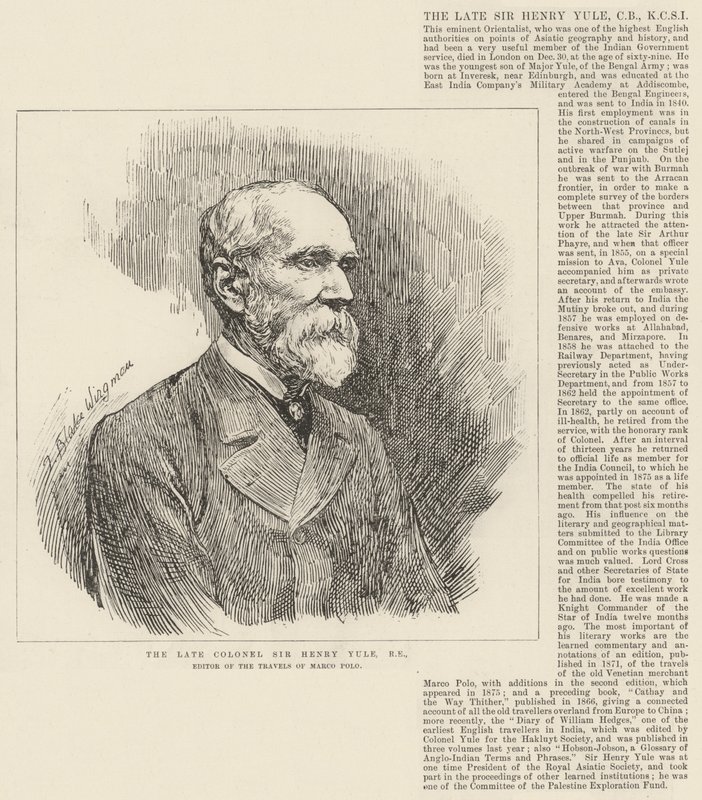 A néhai Sir Henry Yule ezredes, RE, a Marco Polo utazásai szerkesztője. alkotó: Theodore Blake Wirgman