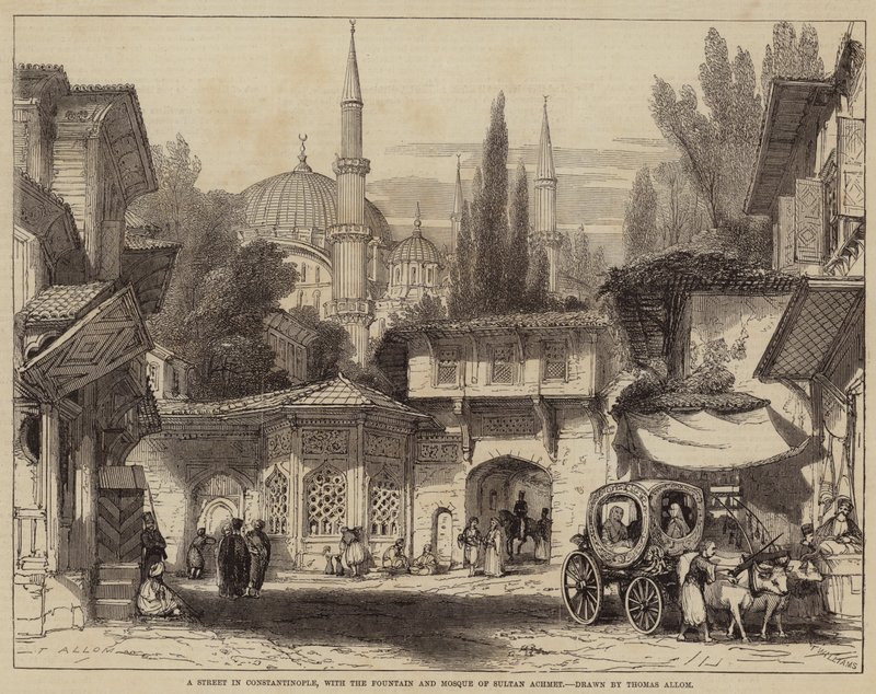 Egy utca Konstantinápolyban, Achmet szultán szökőkútjával és mecsetjével alkotó: Thomas Allom