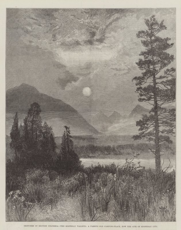 Vázlatok Brit Kolumbiában, a Kootenay-völgyekben, egy híres régi kempinghely, ma Kootenay City helyszíne alkotó: Thomas Moran