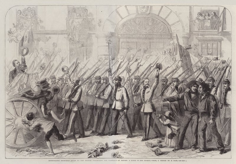 Lelkes fogadtatásban részesültek a brit önkéntesek Garibaldiért Nápolyban, egy jelenet Toledóban alkotó: Thomas Nast
