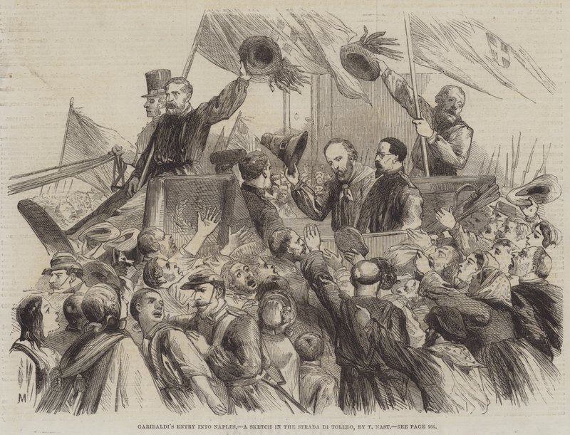 Garibaldi Belépés Nápolyba, egy vázlat a Strada di Toledóban alkotó: Thomas Nast
