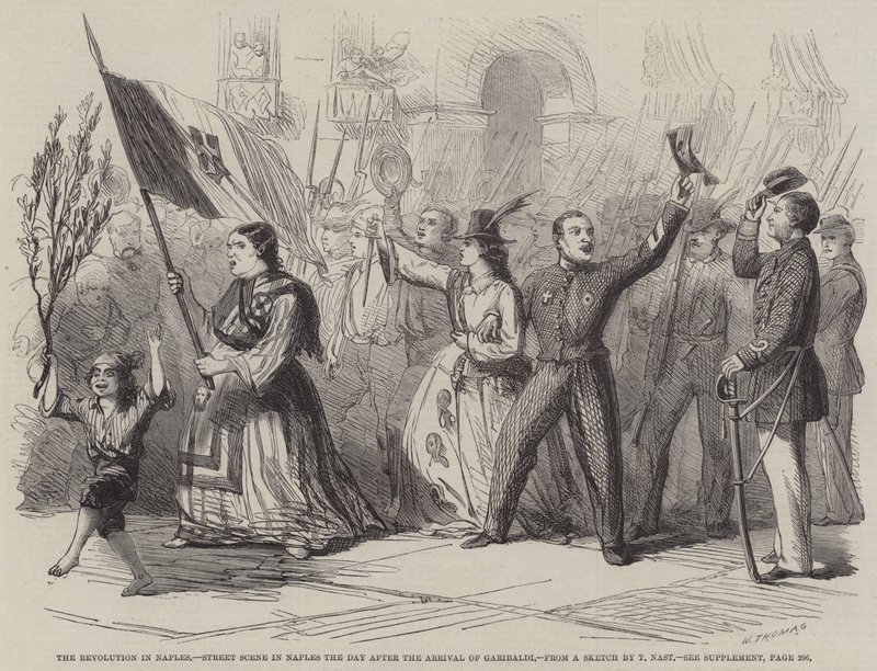 A nápolyi forradalom, utcai jelenet Nápolyban Garibaldi megérkezése utáni napon alkotó: Thomas Nast