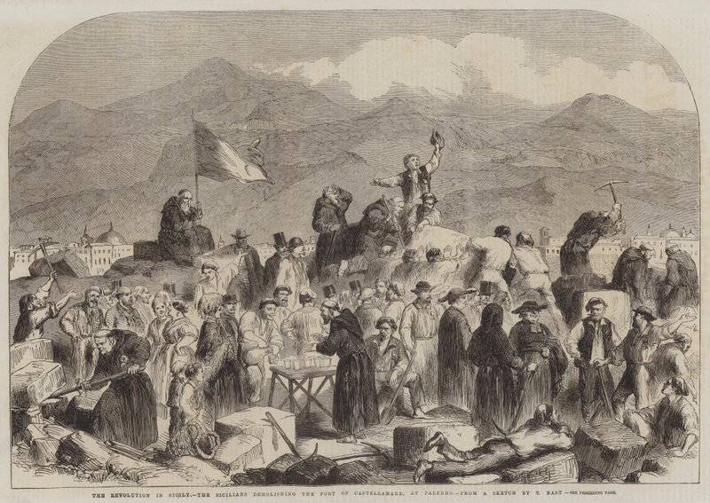 A szicíliai forradalom, a szicíliaiak lerombolják a palermói Castellamare erődöt. alkotó: Thomas Nast