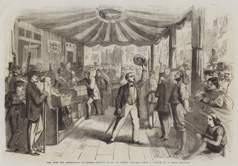 Szavazás az annektálásra Nápolyban, szavazófülke Monte Calvarióban alkotó: Thomas Nast
