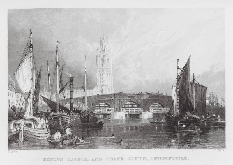 Boston Church és Grand Sluice, Lincolnshire (metszet) alkotó: Thomas (after) Allom