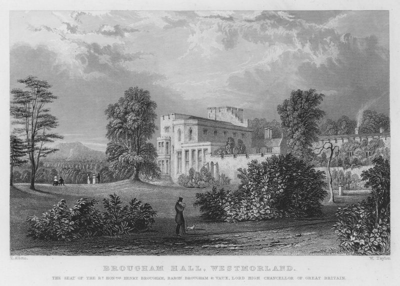 Brougham Hall, Westmorland, Henry Brougham, Brougham és Vaux báró, Nagy-Britannia főkancellárjának székhelye (metszet) alkotó: Thomas (after) Allom