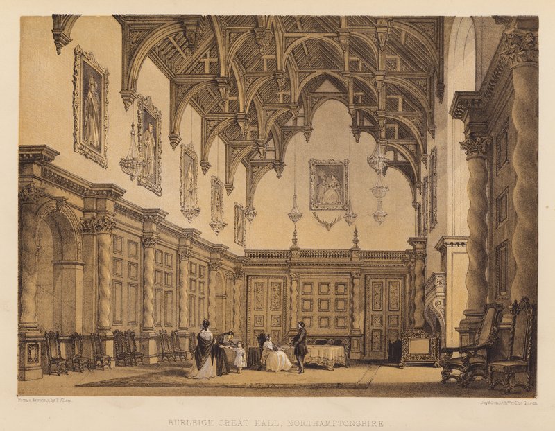 Burleigh Great Hall, Northamptonshire (akvatinta) alkotó: Thomas (after) Allom