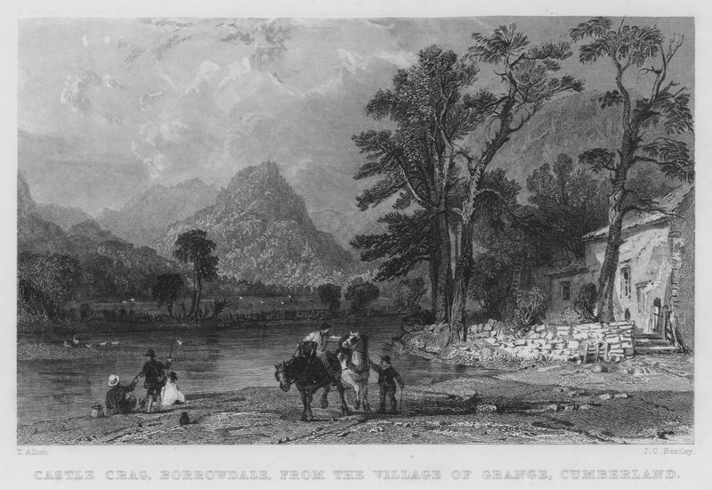 Castle Crag, Borrowdale, Grange faluból, Cumberland (metszet) alkotó: Thomas (after) Allom