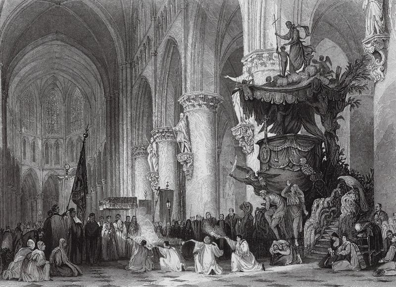 Szent Gudule székesegyház, a híres faragott szószékkel, Brüsszel (metszet) alkotó: Thomas (after) Allom
