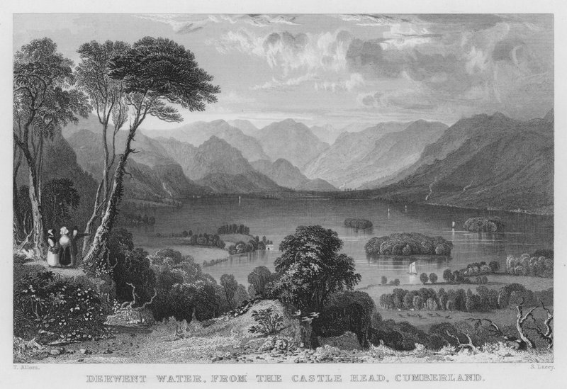 Derwent Water, a Castle Headből, Cumberland (metszet) alkotó: Thomas (after) Allom