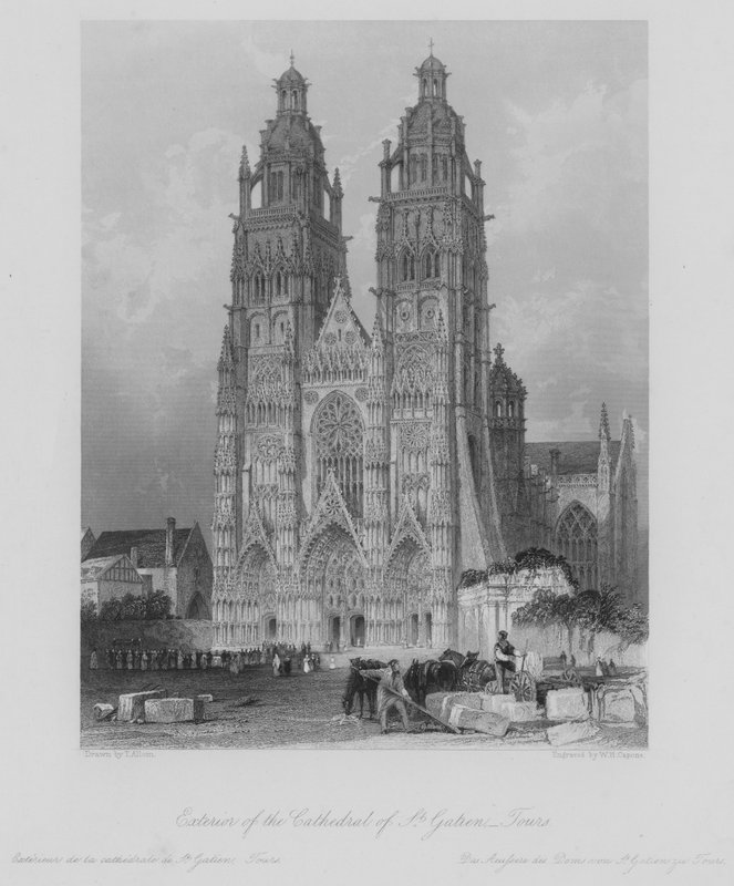 A Szent Gatien-székesegyház külseje, Tours (metszet) alkotó: Thomas (after) Allom