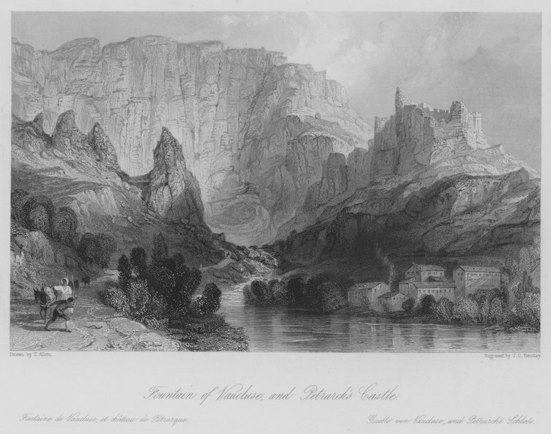 Vaucluse szökőkútja és Petrarka kastélya (metszet) alkotó: Thomas (after) Allom