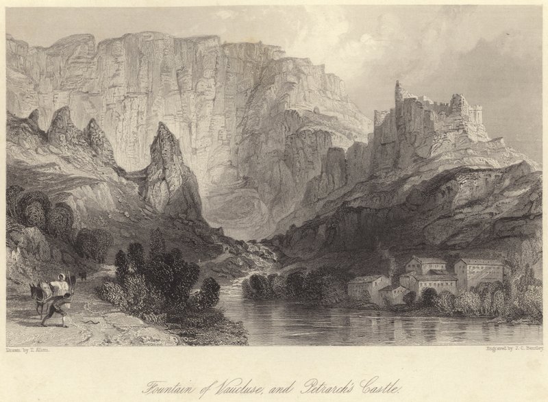Vaucluse szökőkútja és Petrarka kastélya (metszet) alkotó: Thomas (after) Allom
