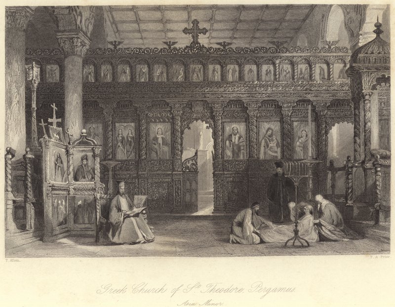 Szent Theodor görög templom, Pergamus, Kis-Ázsia (metszet) alkotó: Thomas (after) Allom