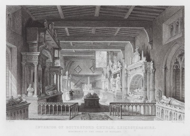 Bottesford templom belseje, Leicestershire, Rutland grófjainak emlékművei (metszet) alkotó: Thomas (after) Allom