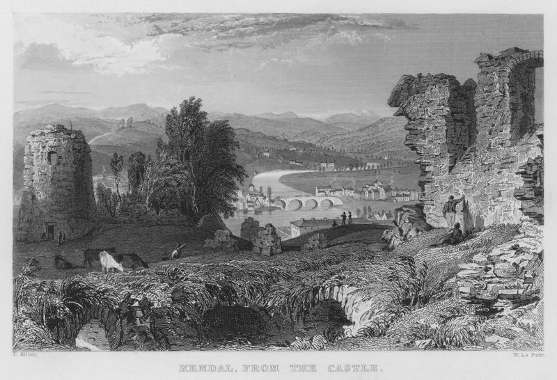 Kendal, a kastélyból (metszet) alkotó: Thomas (after) Allom
