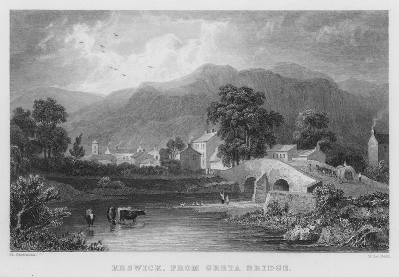 Keswick, a Gréta hídról (metszet) alkotó: Thomas (after) Allom