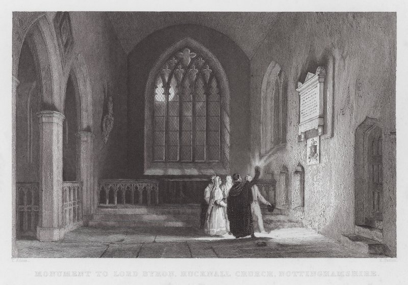 Lord Byron emlékműve, Hucknall-templom, Nottinghamshire (metszet) alkotó: Thomas (after) Allom