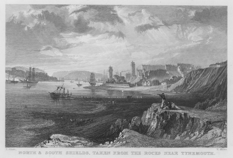 Északi és déli pajzsok, Tynemouth melletti sziklákból (metszet) alkotó: Thomas (after) Allom
