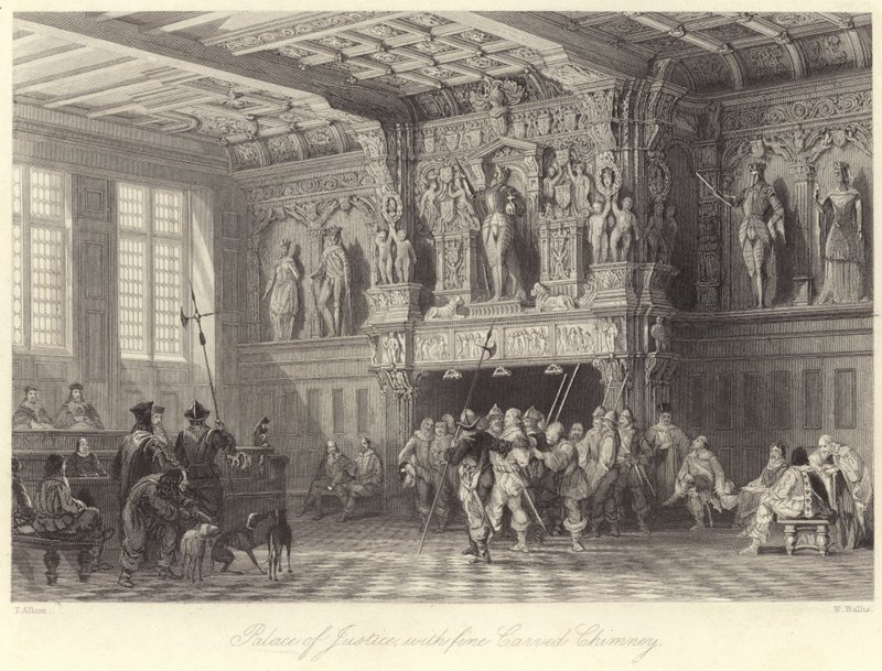 Igazságügyi Palota, finom faragott kéménnyel, Bruges (metszet) alkotó: Thomas (after) Allom