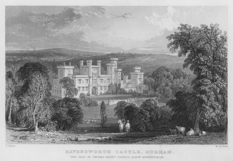 Ravensworth kastély, Durham, Thomas-Henry Liddell, Ravensworth báró székhelye (metszet) alkotó: Thomas (after) Allom