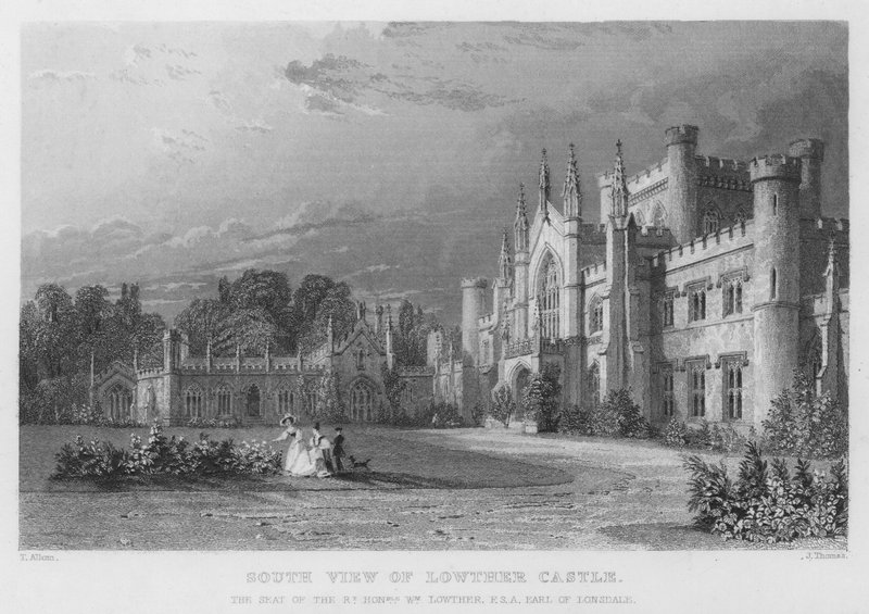 Déli kilátás a Lowther-kastélyra, William Lowther, Lonsdale grófjának székhelyére (metszet) alkotó: Thomas (after) Allom