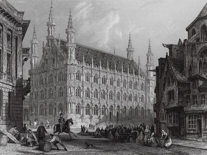 Louvaini városháza, a székesegyház egy részével (metszet) alkotó: Thomas (after) Allom