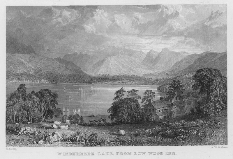 Windermere-tó, a Low Wood Inntől (metszet) alkotó: Thomas (after) Allom