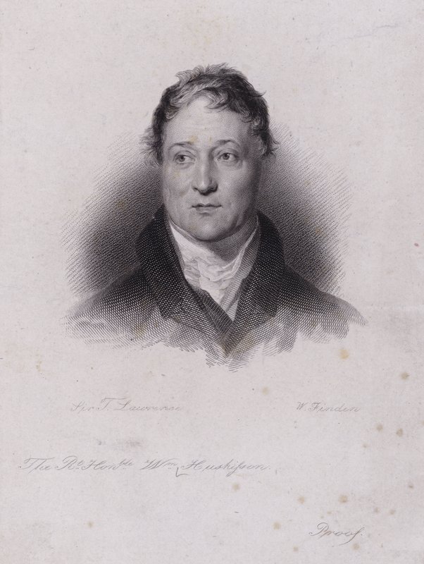 William Huskisson angol politikus és pénzember meghalt egy vasúti balesetben, amikor elgázolta Robert Stephenson úttörő gőzmozdonya, a Rocket (metszet) alkotó: Thomas (after) Lawrence