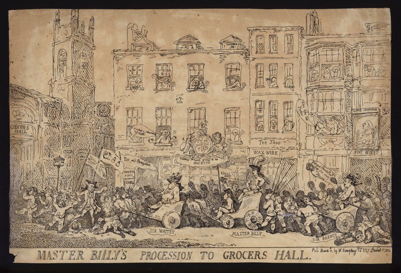 Billy mester menete a Grocers Hallba; Politikai szatíra fiatalabb William Pitt felvonulásáról a Grocers Hallba, hogy megkapja a londoni City szabadságát alkotó: Thomas (after) Rowlandson